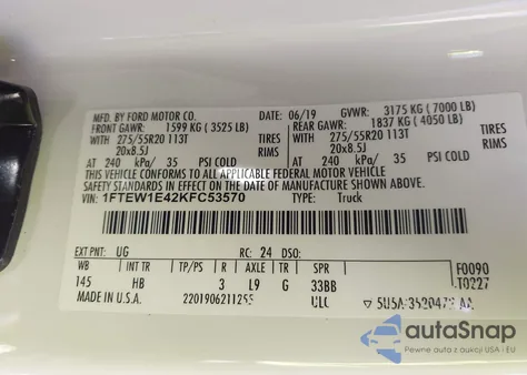 2019 Ford F-150 Lariat z USA, uszkodzony, nr VIN 1FTEW1E42KFC53570